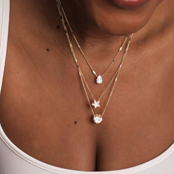 Layered Gold Necklace for Women Cubic Zirconia Star Heart Teardrop Pendant Chain - Picture 2 of 6